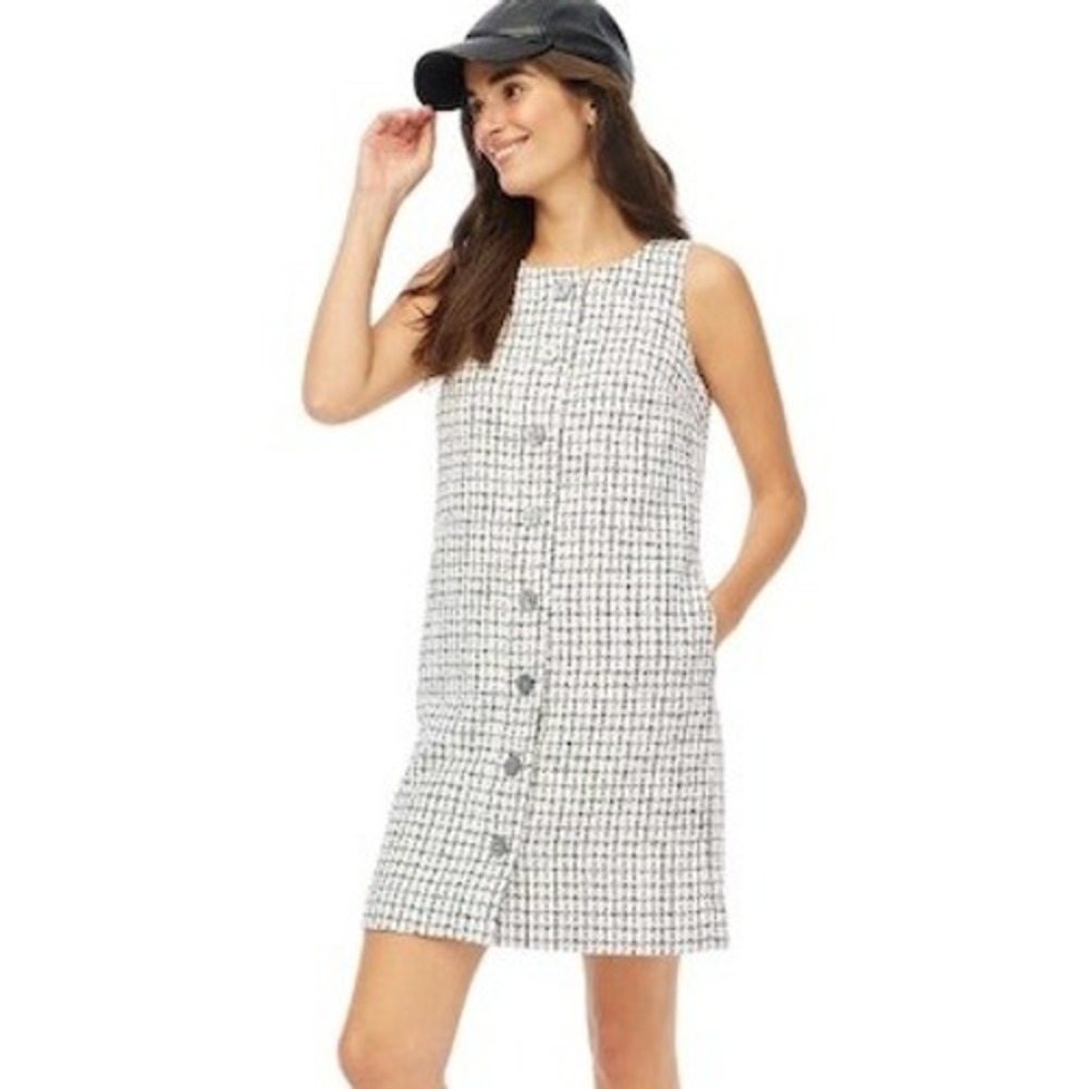J.Crew Tweed Button-Front Shift Dress Womens 4 White Black Preppy Luxury Career
